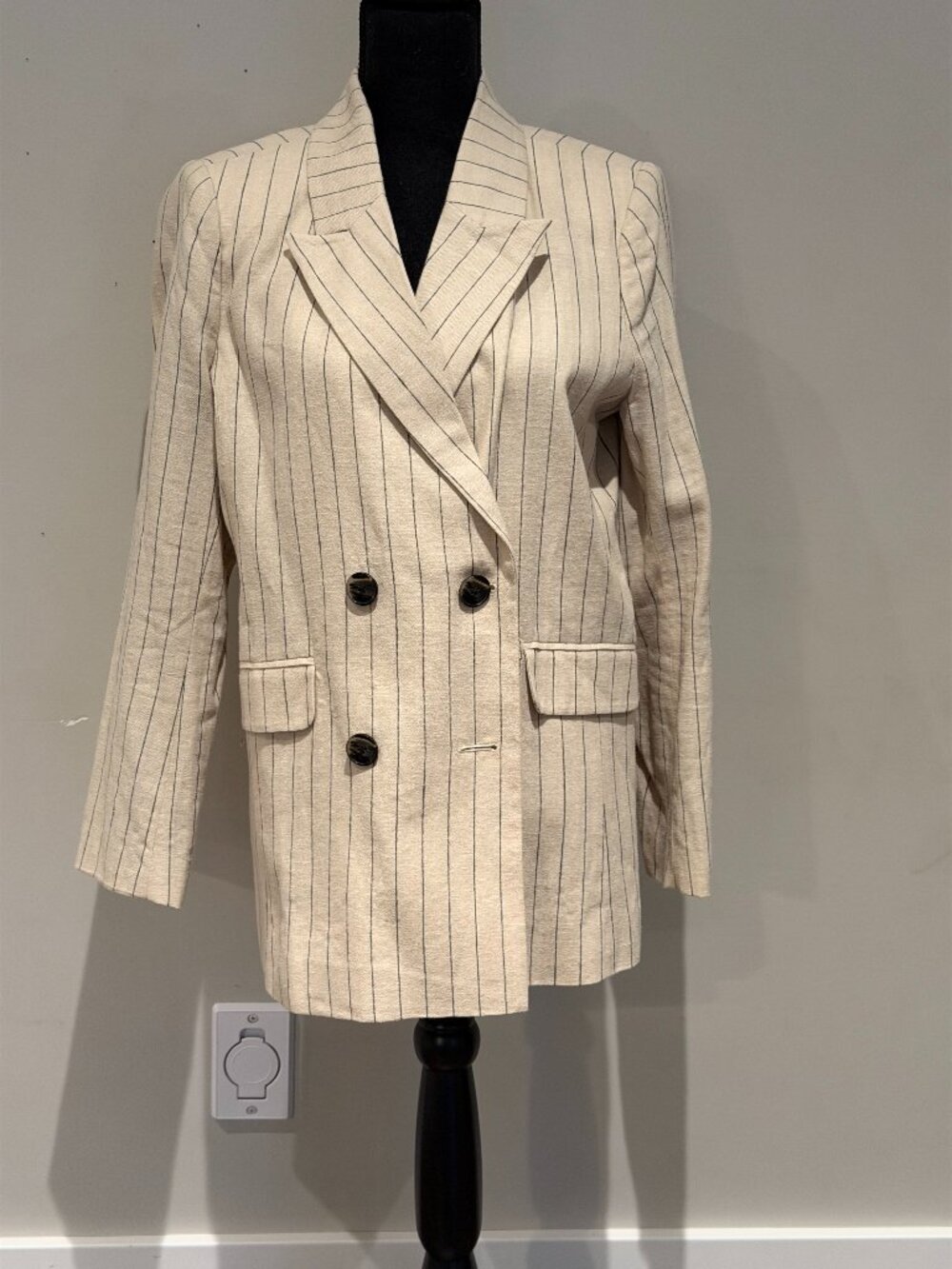 Grit & Grace NWT Double-Breasted Pinstripe Blazer Size 34 Cream Linen Jacket